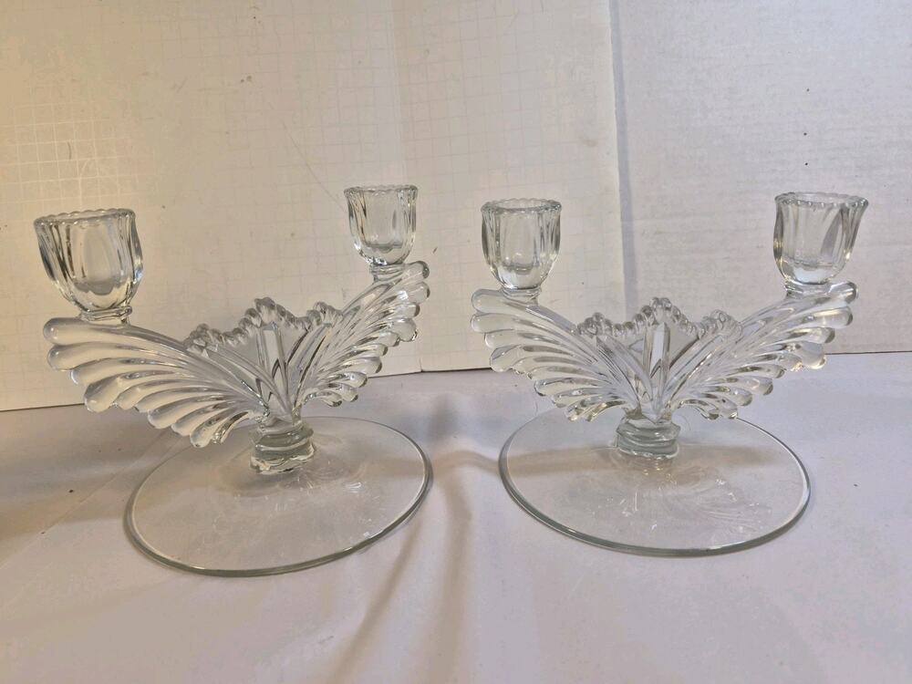 Tiffin Feathered Wing Double Light Candlestick Holders - Vtg Pair Art Deco
